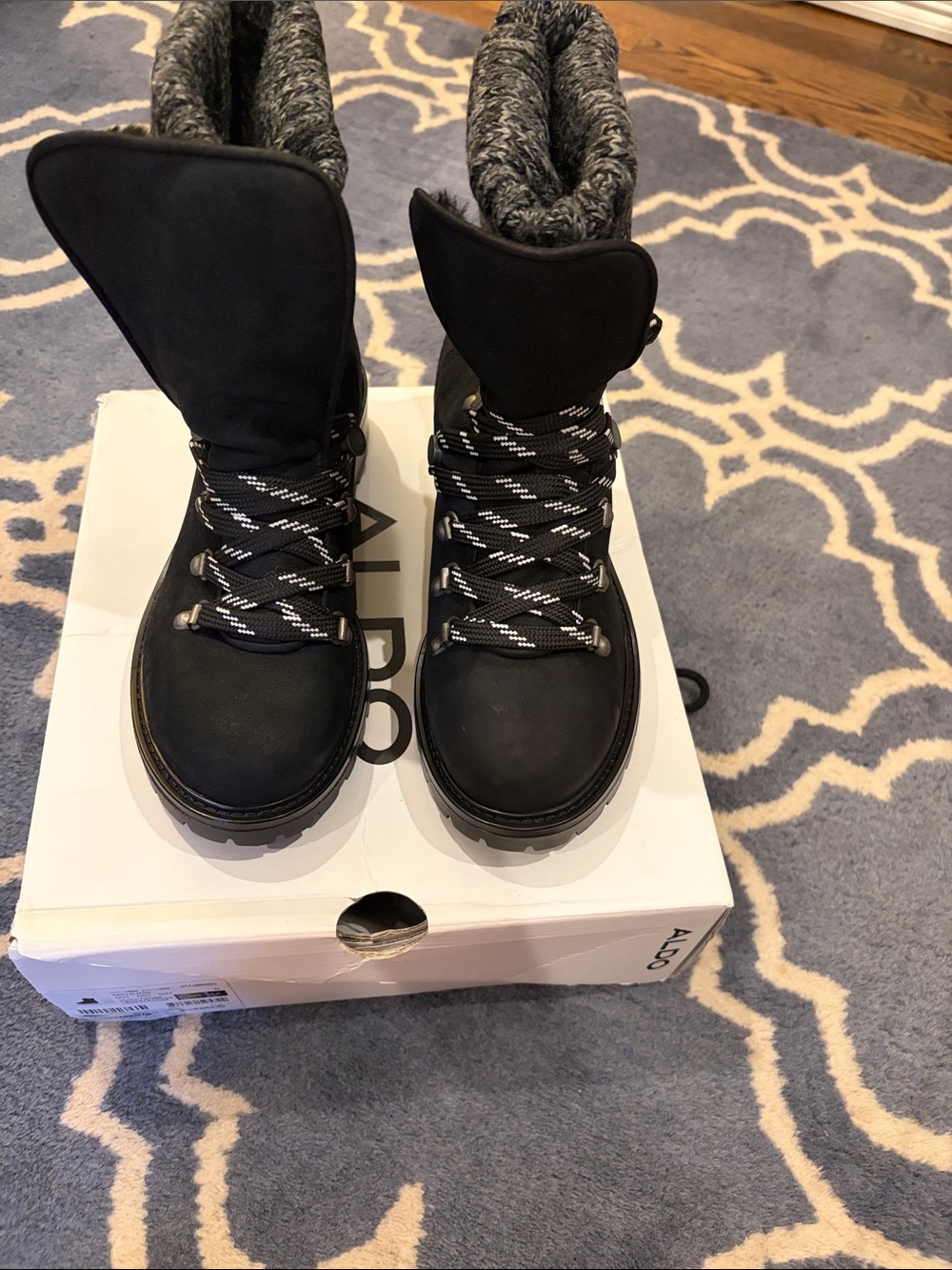 Aldo Black Winter Lace-Up Boots with Gray Knit Collar
